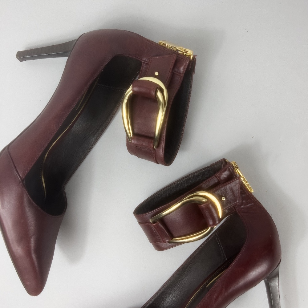 RACHEL ZOE BURGUNDY LEATHER ANKLE STRAP HEELS - Picture 2 of 9